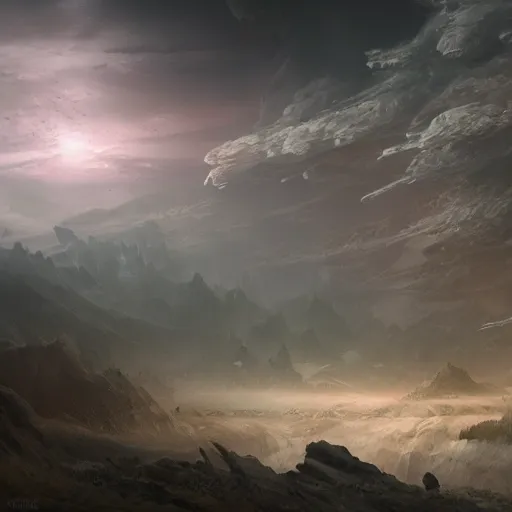 Image similar to ethereal landscape with plumes of faint smoke, concept art, hyper detailed, matte painting