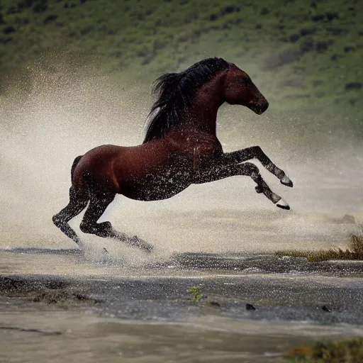 Prompt: a galloping wild horse in a river, by national-geographic