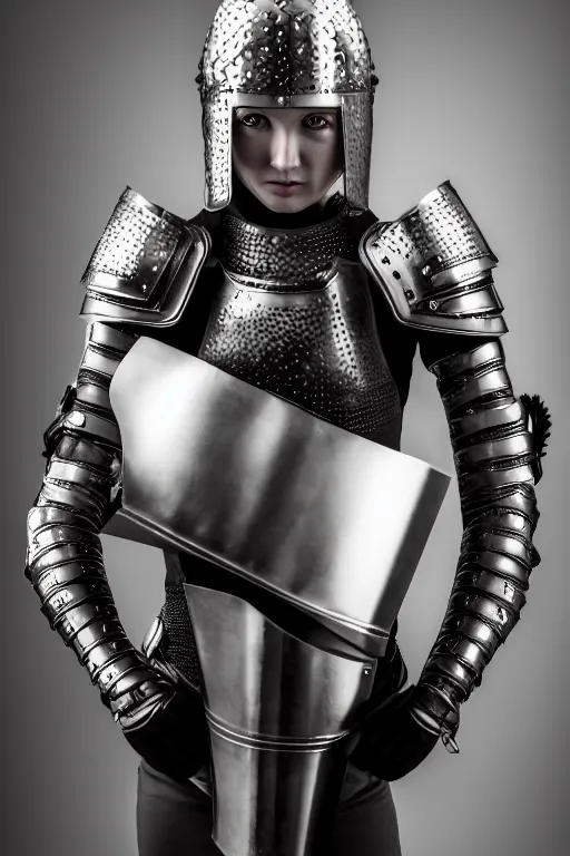 Image similar to female medieval warrior in light armor, by louis vuitton, luxury materials, symmetrical, cinematic, elegant, professional studio light, real dlsr photography, sharp focus, 4 k, ultra hd, sense of awe, high fashion