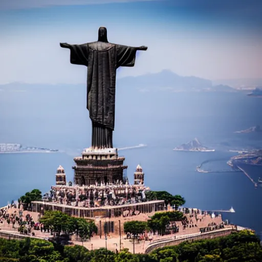 Image similar to high quality portrait of a monkey in front of Christ The Redeemer, studio photograph, photograph, realistic photo, 8k photo, 4k photo, stock photo, high resolution, cinematic shot, high detail