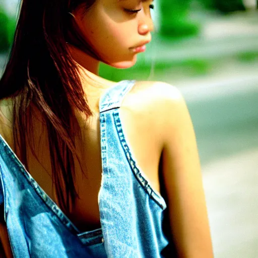 Image similar to she, amazing, snapshot of, face, eyes, hair, neck of beautiful, fashionable, elegant, conservative, young, uzbek, fashion model and student, slender, tank top, denim shorts. image quite stunningly complex. nikon fm 2 film blow - up