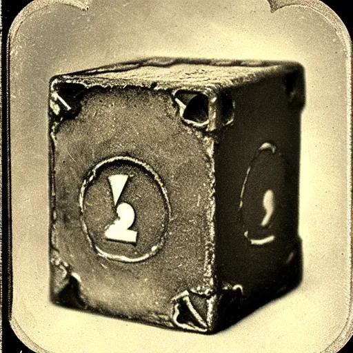 Image similar to 1 8 8 5 photo of a riveted companion!! cube!! from portal 2, daguerrotype, high quality