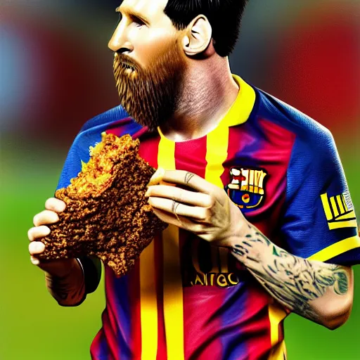 Image similar to lionel messi with a majestic beard eating a kfc zinger by affandi