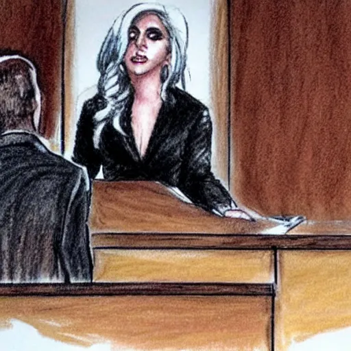 Image similar to courtroom sketch of lady gaga in the witness stand pointing at the hamburgler who is sitting at the defendant ’ s table