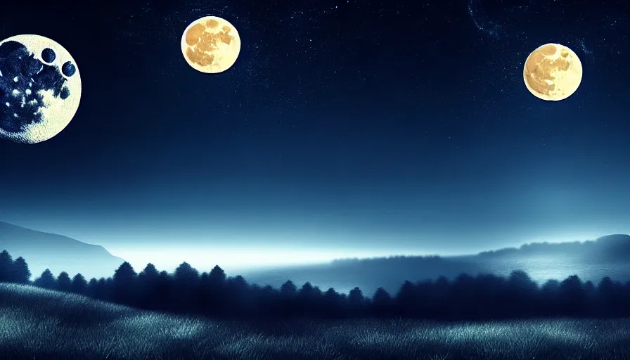 Image similar to a beautiful landscape at night, big moon on the right, stars in the sky, matte painting, dark blue tones, high contrast, intricate details, concept art, 4 k