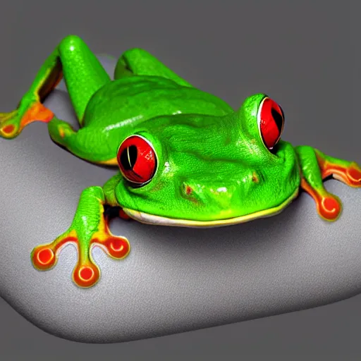 Image similar to a red - eyed tree frog with eye patch, 3 d model, high quality, sharp focus