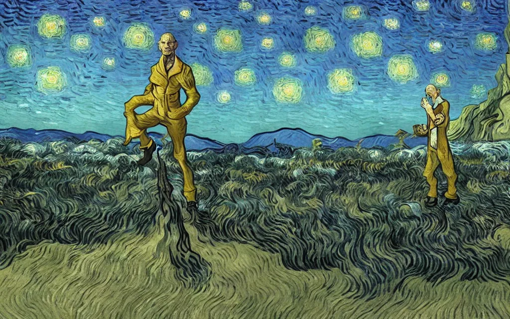 Prompt: the sandman from graphic novel, looking out over his domain of the dreaming, with a sense of nostalgia and longing by vincent van gogh and tyler edlin