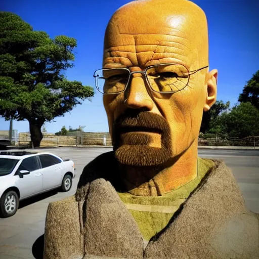 Prompt: walter white as a moai statue