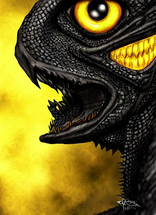 Image similar to closeup portrait of black dragon head with yellow eyes, ultra realistic, fantasy, magic, dnd,