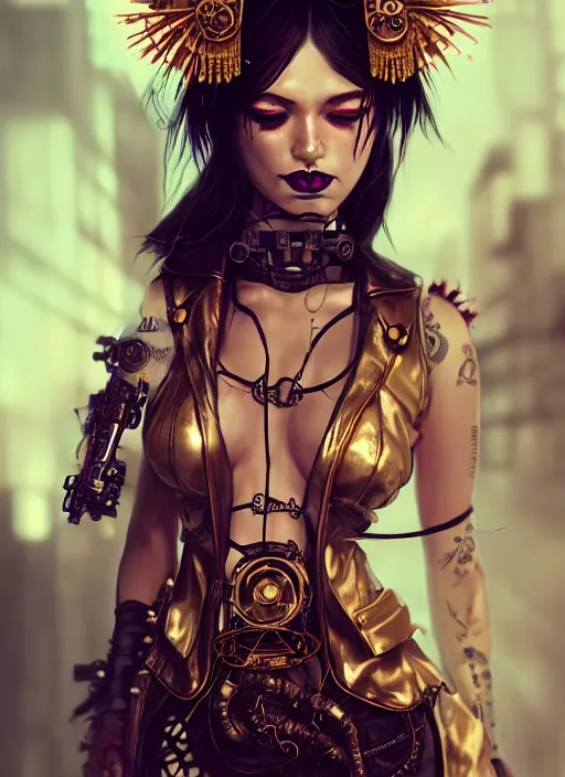 Image similar to soft lustrous geisha raver gutter punk gothic steampunk cyborg, golden ratio, details, scifi, fantasy, cyberpunk, intricate, decadent, highly detailed, digital painting, octane render, artstation, concept art, smooth, sharp focus, illustration, art by artgerm, loish, wlop