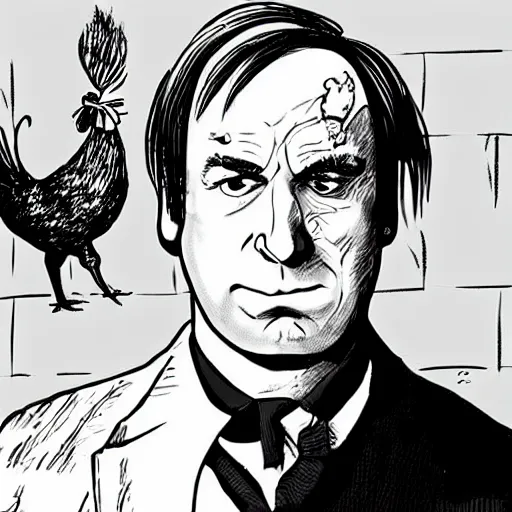 Image similar to saul goodman and a rooster in a medieval torture chamber, saw blades and knives in the background, horror movie, saul goodman!!, rooster!!!!, real life photo, detailed face