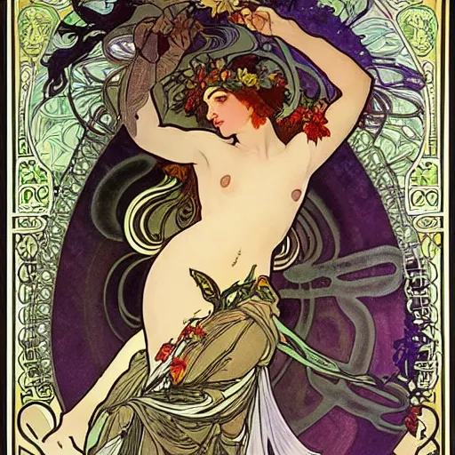 Prompt: persephone as goddess of the underworld, painted by alphonse mucha