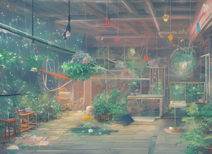 Prompt: pleasing two - point - perspective anime background clean neat clarity professional visual development set design, tiny cozy store with hanging bird cages and bright fish aquariums, sparse planted terrariums, dim painterly lighting volumetric aquatics, impasto, trending on pixiv