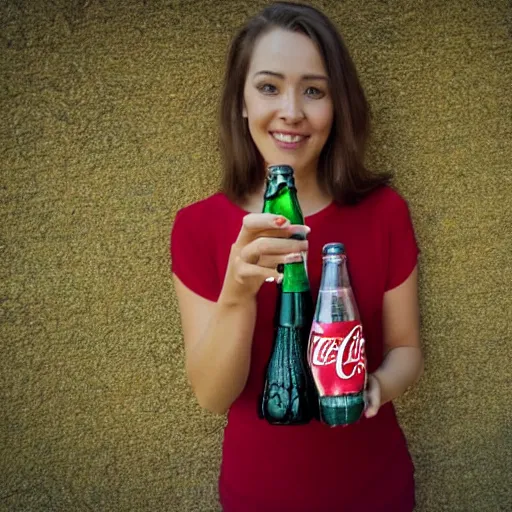 Prompt: a woman, mid-20s holding a bottle of coca-cola