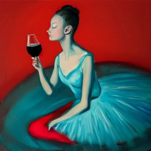 Image similar to painting of a ballerina holding wine in a teal room over a red background