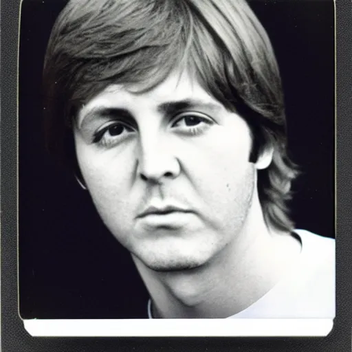 Image similar to Polaroid Portrait of a younger 1970s 35 year old Paul McCartney, taken in the 1970s, photo taken on a 1970s polaroid camera, grainy, real life, hyperrealistic, ultra realistic, realistic, highly detailed, epic, HD quality, 8k resolution, body and headshot, film still, front facing, front view, headshot and bodyshot, detailed face, very detailed face, by Andy Warhol