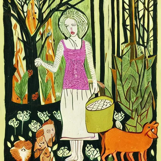 Image similar to In the illustration Vasilisa can be seen standing in the forest, surrounded by animals. She is holding a basket of flowers in one hand and a spindle in the other. Her face is turned towards the viewer, with a gentle expression. In the background, the forest is depicted as a dark and mysterious place. de stijl, black velvet by Erich Heckel, by Helene Schjerfbeck dynamic, soothing