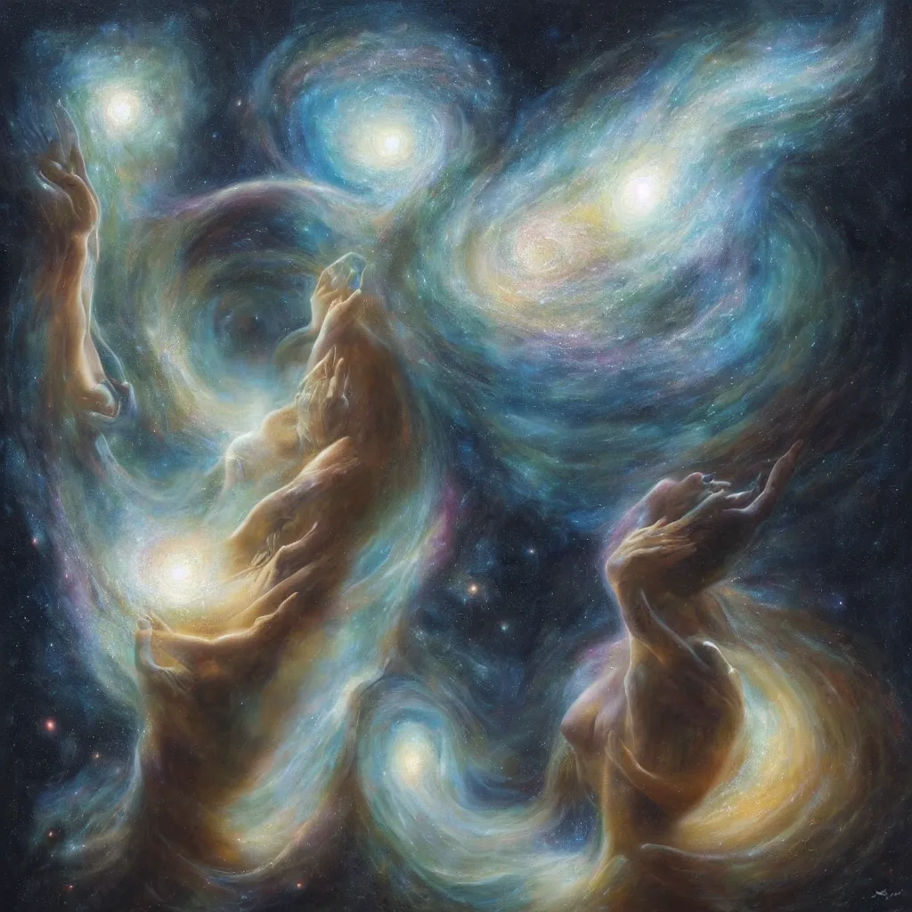 Image similar to a beautiful painting of two distant galaxies colliding by tomasz alen kopera