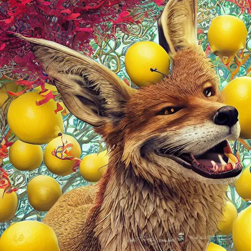 Image similar to the portrait of an absurdly beautiful, graceful, elegant, sophisticated, mature vixen made up of lemons looking up, an ultrafine hyperdetailed illustration by kim jung gi, irakli nadar, intricate linework, bright colors, octopath traveler, final fantasy, unreal engine 5 highly rendered, global illumination, radiant light, detailed and intricate environment