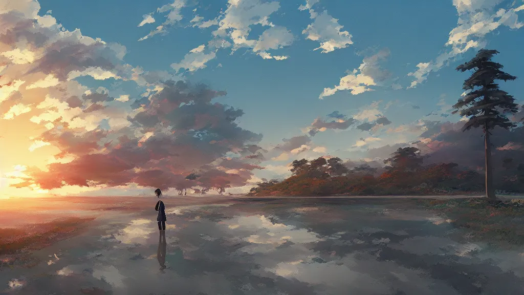 Image similar to a painting in the style of makoto shinkai.