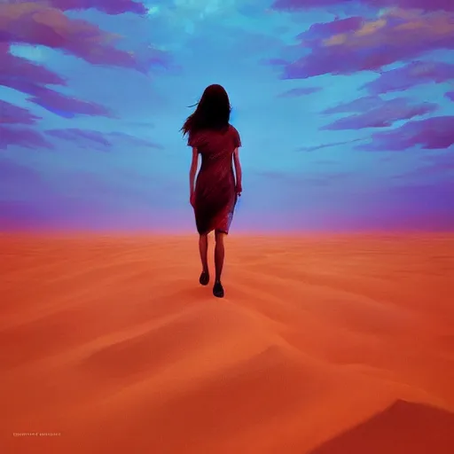 Prompt: closeup giant dahlia flower replacing head, a girl walking between dunes, surreal photography, sunrise, blue sky, dramatic light, impressionist painting, digital painting, artstation, simon stalenhag