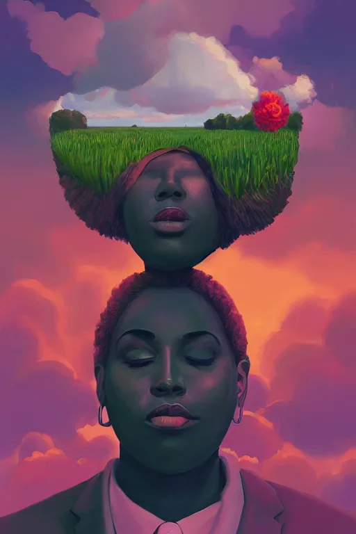 Prompt: portrait, giant flower as a head, black woman in suit, surreal photography, golden hour, colorful clouds, impressionist painting, digital painting, artstation, simon stalenhag