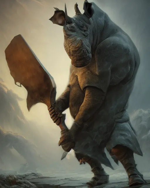 Prompt: oil painting of Anthropomorphized Rhino, wearing fur cloak, sharp focus, holding gigantic Axe, warrior clothes, heroic pose, dramatic artwork, fantasy style, octane render, volumetric lighting, 8k high definition, by greg rutkowski, highly detailed, trending on art Station, magic the gathering artwork, burning Battlefield backround, centered