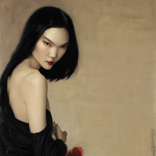 Image similar to detailed cinematic wide shot of beautiful attractive tao okamoto asian vampire woman wearing black bath robe slim face symettrical face clean skin black eyes black robe smooth, sharp focus, ultra realistic, spring light, painting by gaston bussiere, craig mullins, j. c. leyendecker