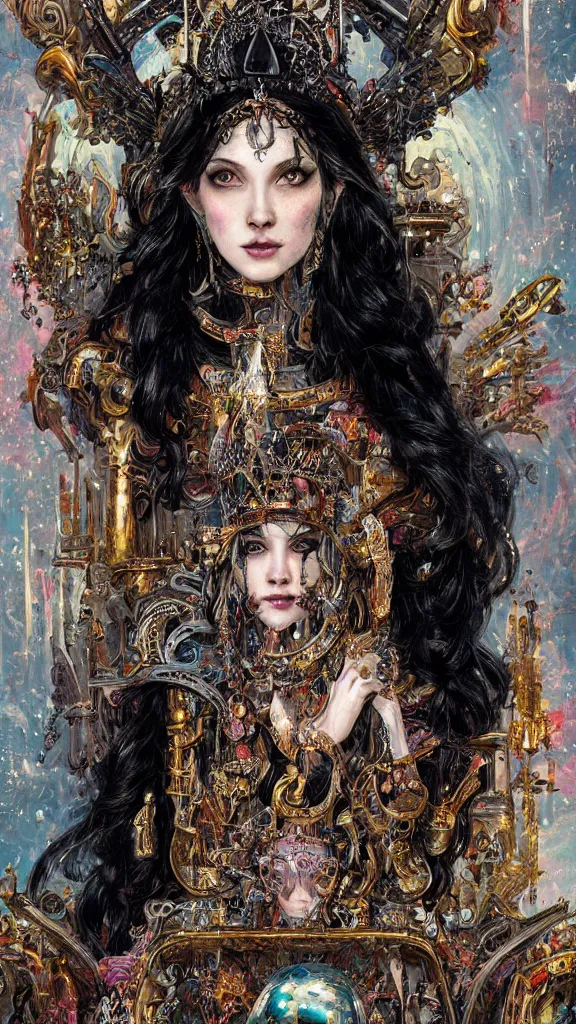 Image similar to painting of a beautiful black haired woman with pale skin and a crown on her head sitted on an intricate metal throne, illustration, artistic, colorful, hyper detailed, in the style of greg rutkowski,