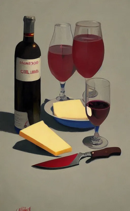 Image similar to beautiful still life featuring A knife tillamook cheese, and red wine, very coherent, painted by Edward Hopper, painted by James Gilleard, airbrush, art by JamesJean