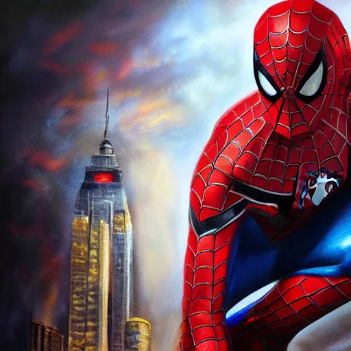 Prompt: photorealistic, hyperdetailed oil painting of spider - man and iron man hybrid