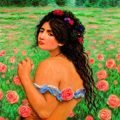 Prompt: beautiful tan mexican woman, full body, dancing in a field of roses and many other exotic flowers, prominent rosy cheek bones, black hair and brown eyes, monet and da vinci art style,