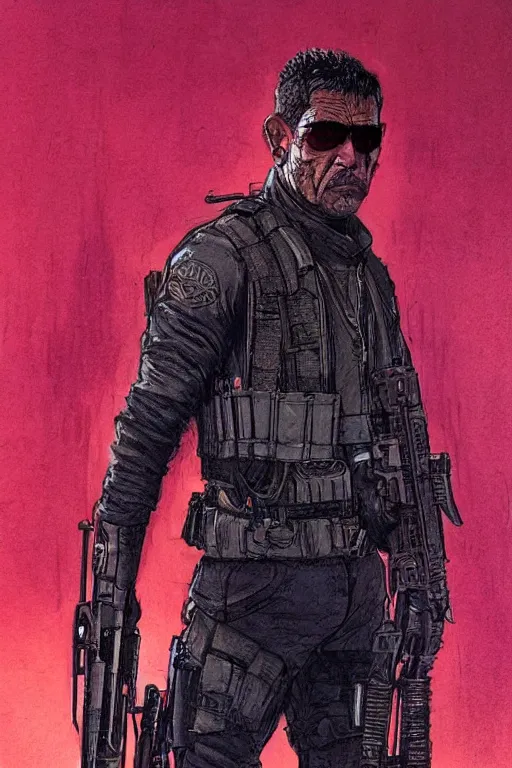 Image similar to Hector. Deadly blackops mercenary in tactical gear. Blade Runner 2049. concept art by James Gurney and Mœbius.