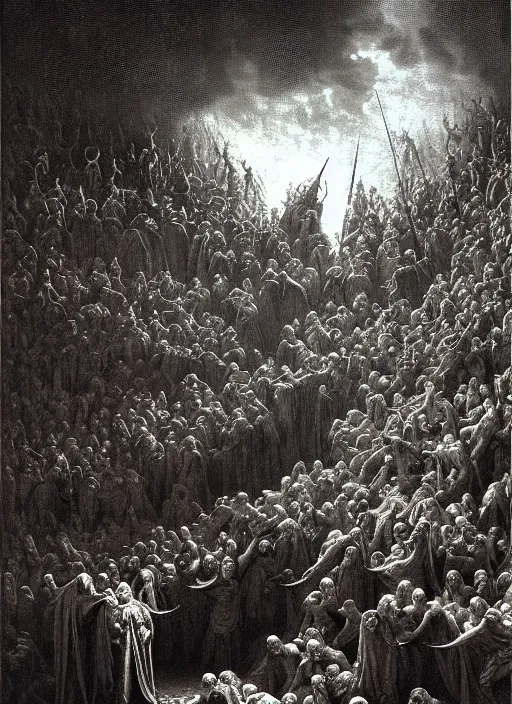 Image similar to dante's inferno, epic scene, photorealistic, highly detailed, texture, soft light, dramatic, moody, ambient, painting by gustave dore