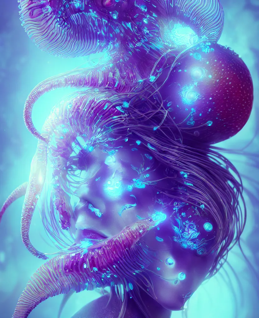 Image similar to goddess close-up portrait. orchid jellyfish phoenix head, nautilus, skull, betta fish, bioluminiscent creatures, intricate artwork by Tooth Wu and wlop and beeple. octane render, trending on artstation, greg rutkowski very coherent symmetrical artwork. cinematic, hyper realism, high detail, octane render, 8k