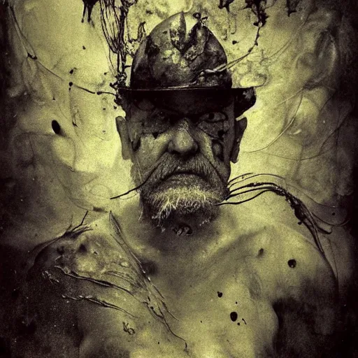 Image similar to collodion process photography of mutant fishman sailor old man with gills and scales creatures from the deep ocean by emil melmoth zdzislaw beksinki craig mullins yoji shinkawa realistic render ominous detailed photo atmospheric by jeremy mann francis bacon and agnes cecile ink drips paint smears digital glitches glitchart