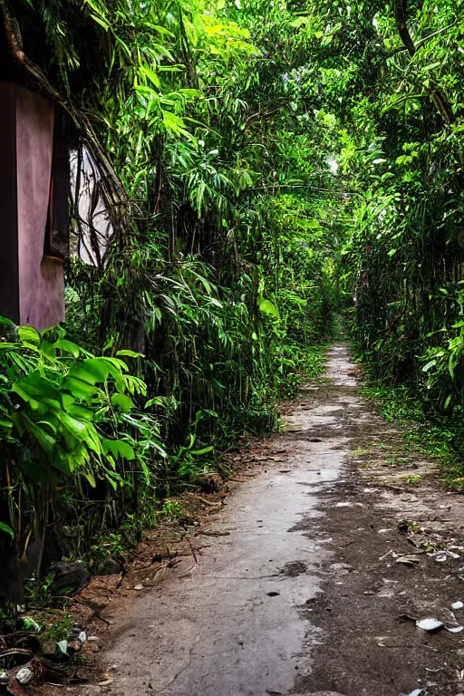 Prompt: abandoned sri lankan street, overgrown greenery, photograph