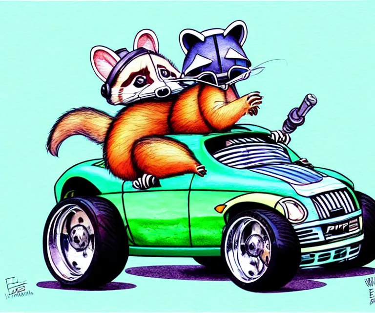 Image similar to cute and funny, racoon wearing a helmet riding in a tiny hot rod plymouth prowler with oversized engine, ratfink style by ed roth, centered award winning watercolor pen illustration, isometric illustration by chihiro iwasaki, edited by range murata, details by artgerm