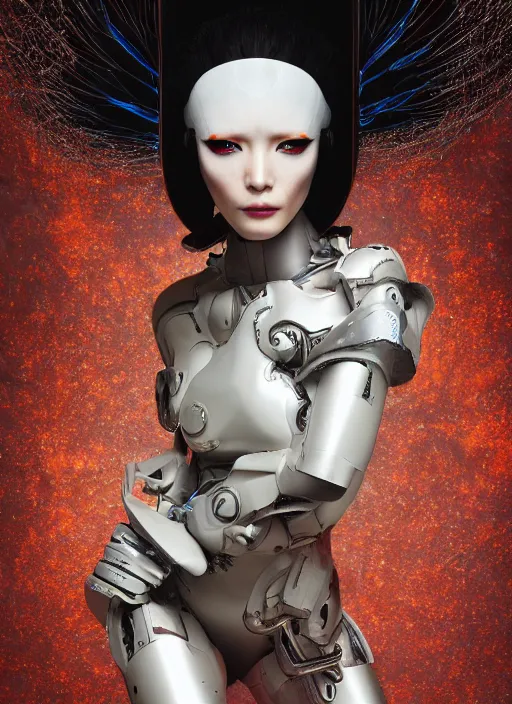 Prompt: portrait of a futuristic geisha cyborg walking in a digital storm with lens flairs, in the style of ghost in the shell, kintsugi, modern fine art, fractal, intricate, elegant, highly detailed, digital photography, subsurface scattering, by david la chapelle,