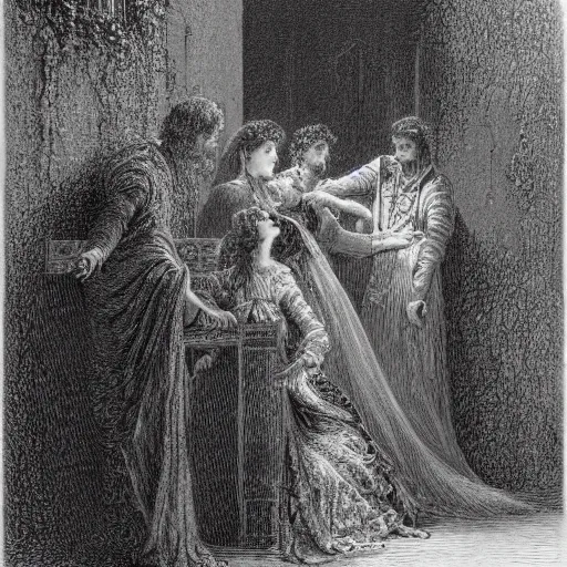 Prompt: a scene from romeo and juliet, high detail, illustration by gustave dore