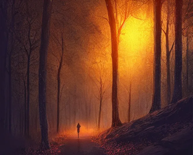 Prompt: haunting wooded trail at night with twisting trees and dim glowing torches, cobblestone trail, makoto shinkai, alena aenami, photorealism