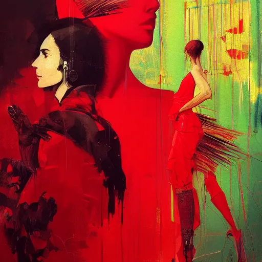 Image similar to portrait of a daydreaming melancholic latin woman in red habit being progressively rasterized into pixels from another world, she is surrounded by digital birds and a giant loving neon mecha robot is besides her, oil on canvas by yoji shinkawa, esao andrews, dave mckean and stina persson