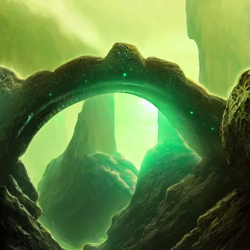 Image similar to a scary glowing green scifi portal to another world in darwin's arch in the galapagos islands, ocean and rock landscape, science fiction, intricate, elegant, highly detailed, digital painting, artstation, concept art, matte, sharp focus, illustration, in an anime style