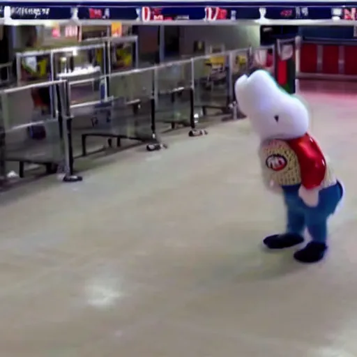 Image similar to security camera footage of a sports mascot pouring a carton of milk on the floor