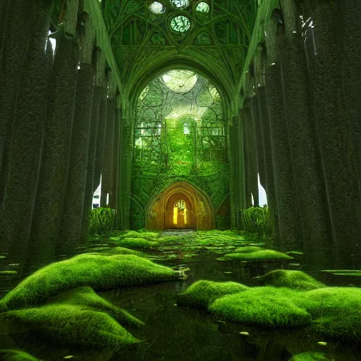 Image similar to concept art, cathedral in a rain forrest, moss, symmetry, octane, soft render, intricate, blender art, the golden ratio, mysticism, cinematic, hd wallpaper