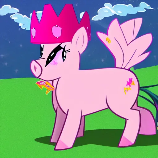 Image similar to walking pig wearing a crown in the style of my little pony cartoon