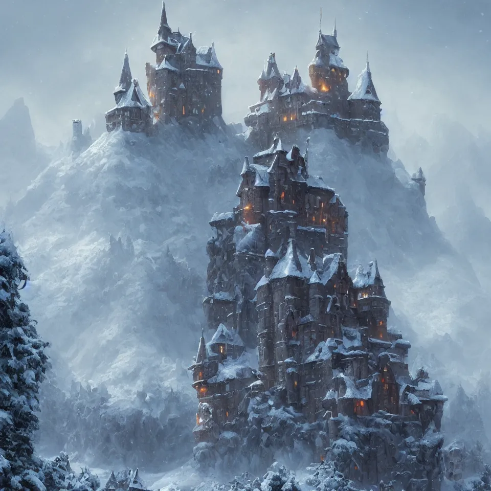 Image similar to a painting of a castle in the middle of a snowy mountain, a detailed matte painting by andreas rocha and greg rutkowski, featured on artstation, fantasy art, matte drawing, matte painting, artstation hq