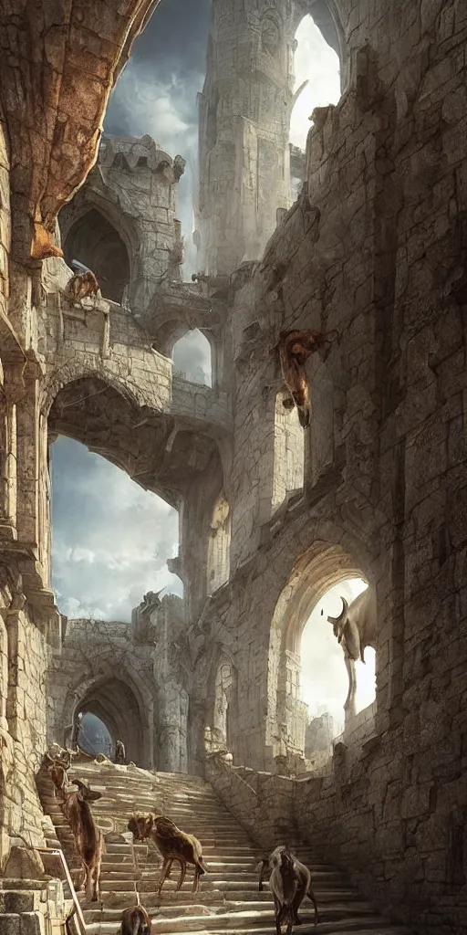 Image similar to a herd of goats!! climbing stairs in a beautiful fantasy castle made from white stone and bright copper, medieval city, metropolis, magic, tall towers, sunlight, white marble, god rays, digital art, landscape, fantasy art, octane render, unreal engine, high detail, very realistic, by greg rutkowski. by james gurney