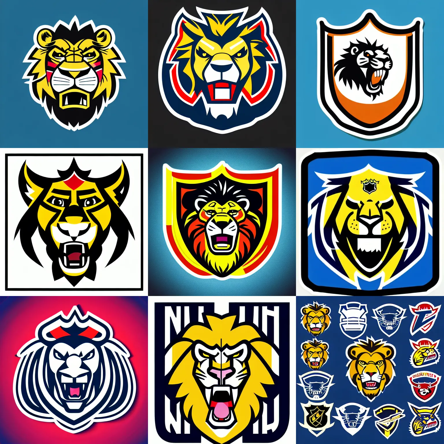 Prompt: “hockey team logo, nhl, angry lion mascot biting a hockey stick, full mascot body, sticker, highly detailed, colorful, illustration, smooth and clean vector curves, no jagged lines, vector art, logo”