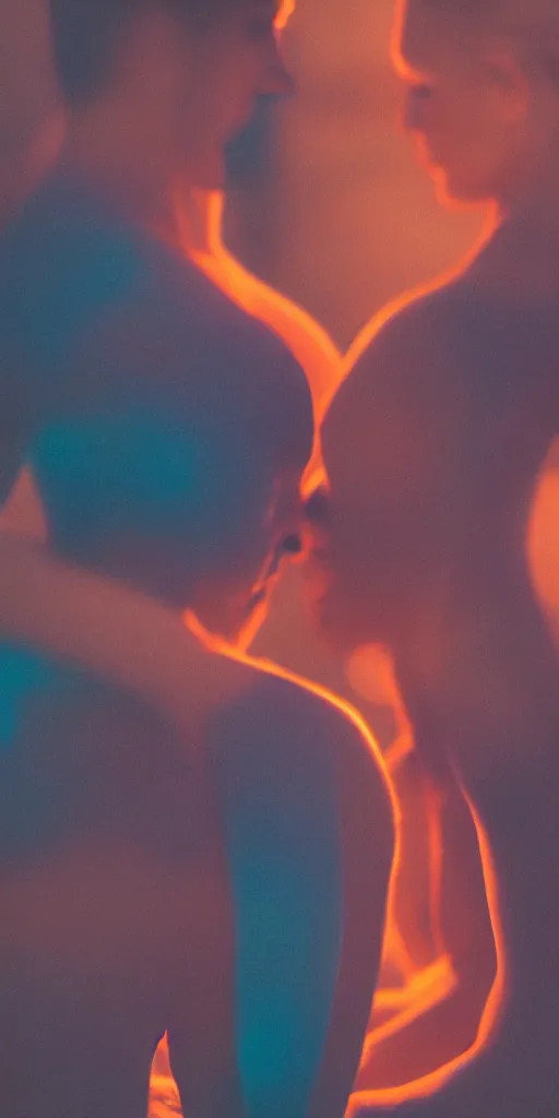 Prompt: a blurry picture of gorgeous human bodies intertwined, long exposure photograph, anamorphic bokeh, orange and cyan lighting, cinematic